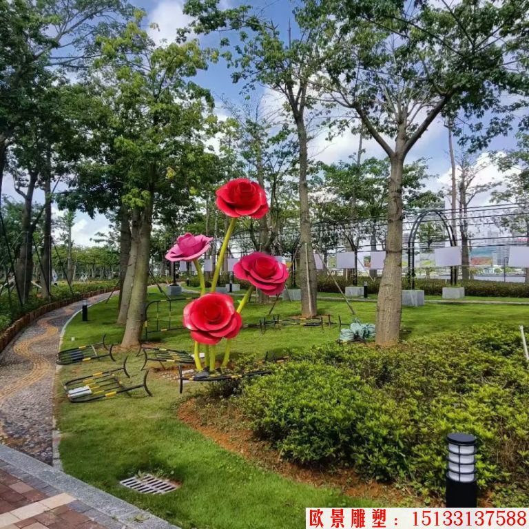 不銹鋼仿真玫瑰花雕塑，公園花朵雕塑