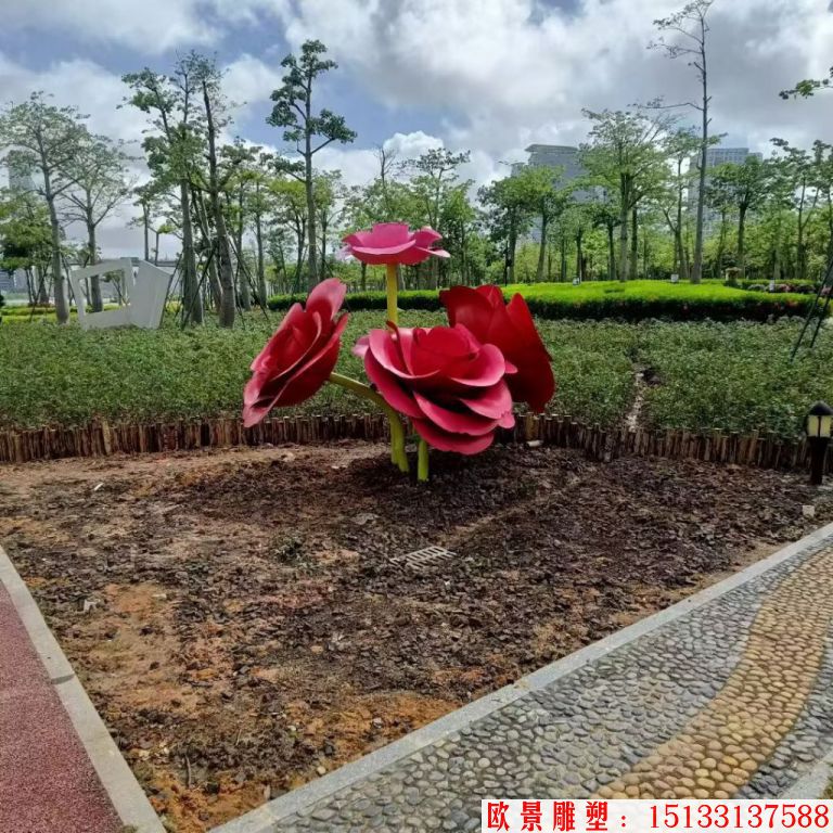 不銹鋼仿真玫瑰花雕塑，公園花朵雕塑1