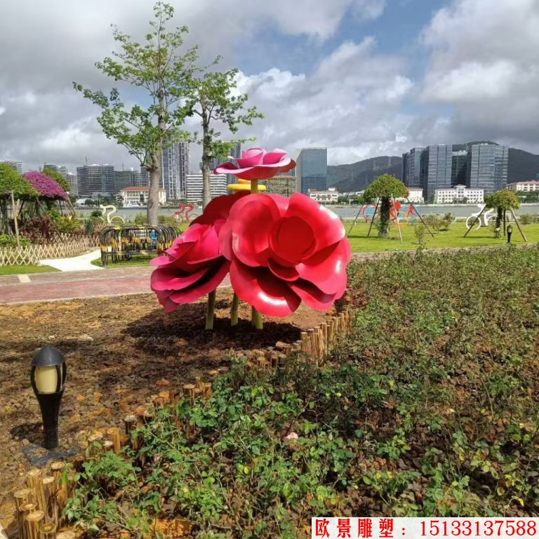 不銹鋼仿真玫瑰花雕塑，公園花朵雕塑2