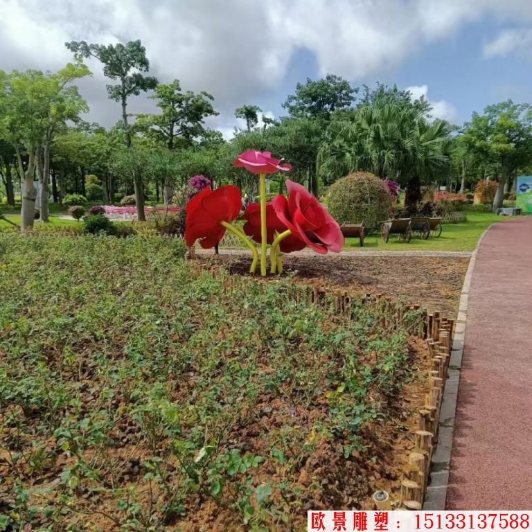 不銹鋼仿真玫瑰花雕塑，公園花朵雕塑4