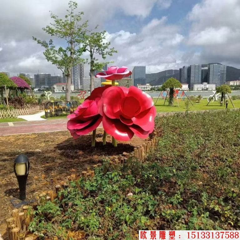 不銹鋼仿真玫瑰花雕塑，公園花朵雕塑5